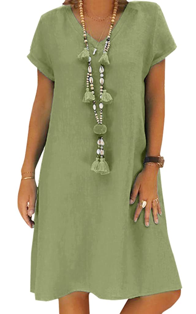 👗 Sommerkleid Damen Leinen Kleider Casual V-Ausschnitt Midikleid Kurzarm A-Linie Kleid Strandkleid Ohne Zubehör L A Grün