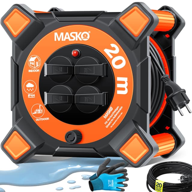 MASKO® Kabeltrommel 20m | Verlängerungskabel mit Schutzkontaktsteckdosen & Wickelgriff | Outdoor Kabelaufroller Thermoschutz | Gerätetrommel IP44 1000W ~ 3000W | Anthrazit / Orange 🌟