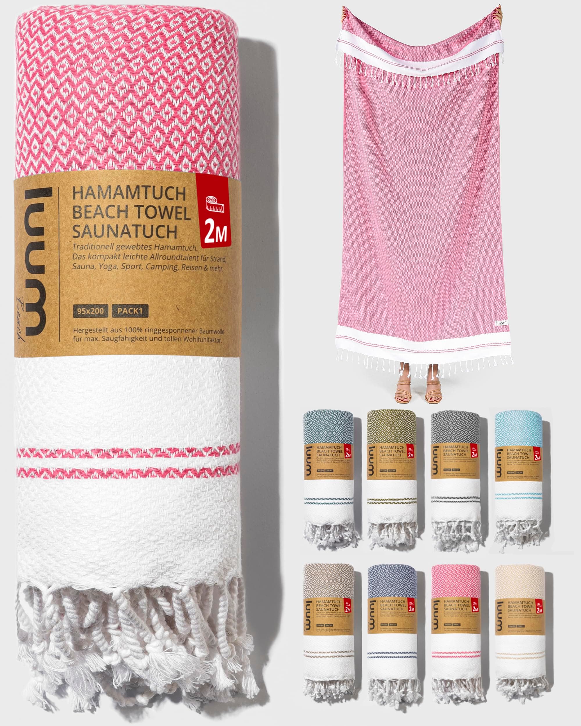 Luum® Strandtuch groß 100x200 Hamamtuch Saunahandtuch Badetuch Handtuch Yogatuch Duschtuch Strandhandtuch Saunatuch Reisehandtuch Turkish Towels, Damen Herren, 100% Baumwolle, Pink Single [95x200] Pink - 200