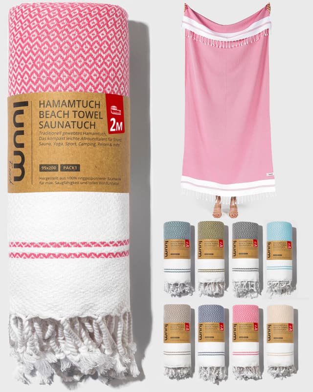Luum® Strandtuch groß 100x200 Hamamtuch Saunahandtuch Badetuch Handtuch Yogatuch Duschtuch Strandhandtuch Saunatuch Reisehandtuch Turkish Towels, Damen Herren, 100% Baumwolle, Pink Single [95x200] Pink - 200
