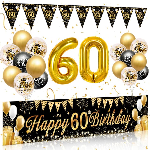 60. Geburtstag Deko Schwarz Gold - Happy Birthday Banner, Luftballons, Girlande, Wimpel