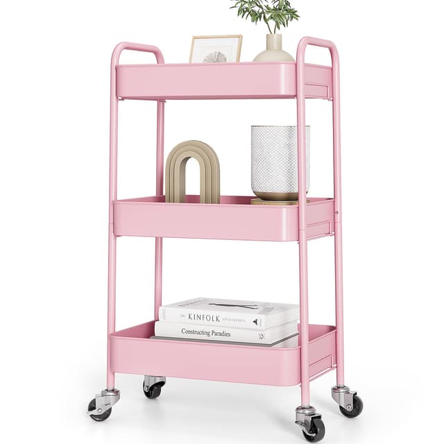 🌸🌟Sonderangebot! KINGRACK 3-stufiger Metall-Küchenwagen mit Rollen in Rosa🌸🌟