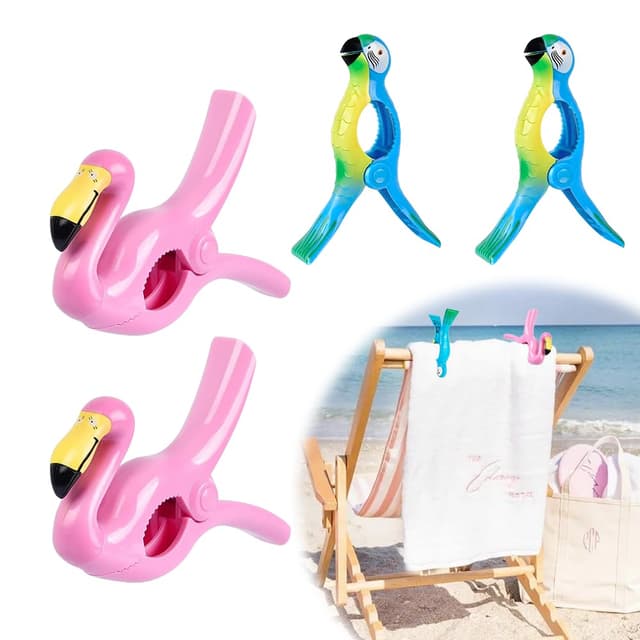 🏖️🩴 Udbrud Strandtuch Clips, 4 Stück Wäscheklammern Strandtuchklammern Strandliegen Handtuchklammern Winddichte Kunststoff Klammern Beach Slipper Clips für Strandliegen Wäsche Badetuch(Flamingos) Rosa