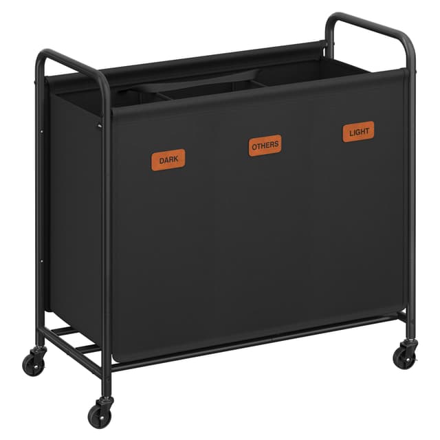 🧺 SONGMICS Wäschekorb mit Rollen | Wäschesammler 3 Fächer | 170 L | beweglicher Wäschewagen | 5 Etiketten | tintenschwarz RLS330B01