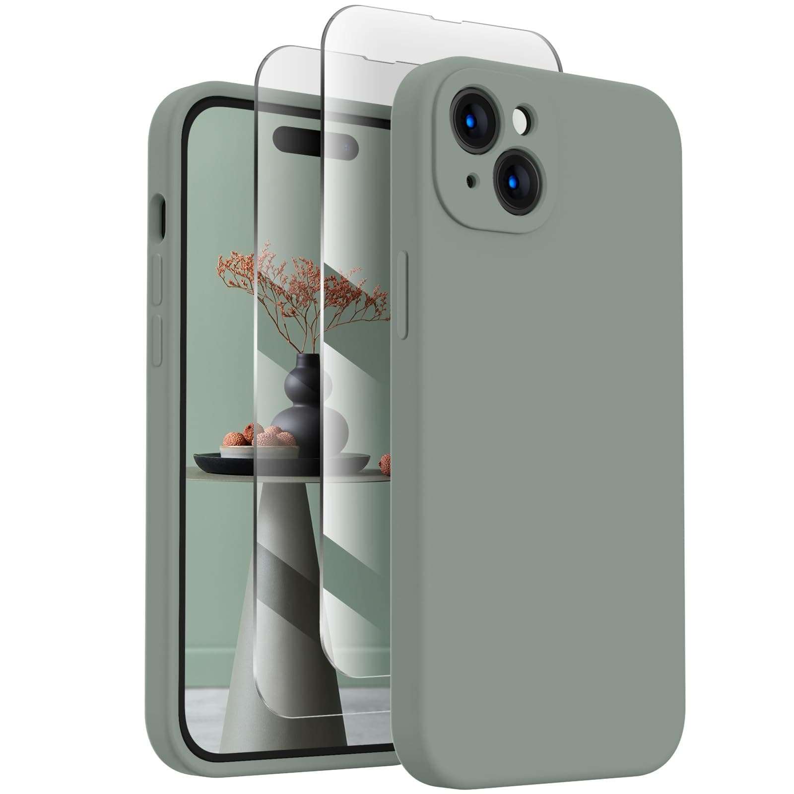 FireNova iPhone 15 Hülle 📱🔥 | Premium Silikon, Kamera Schutz, 2 Bildschirmschutz, Anti-Kratz Mikrofaser, Calke Grün