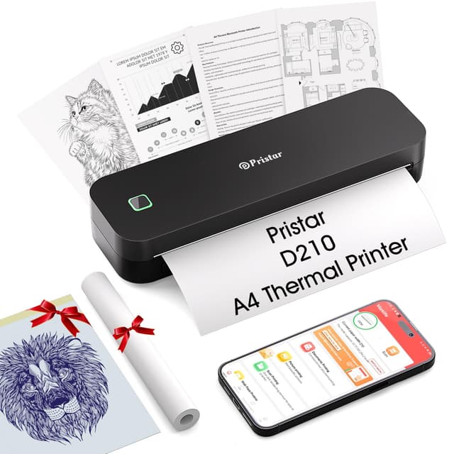 Pristar D210 Thermodrucker A4, Tragbarer Drucker Kompatibel mit iOS/Android und Laptops, Mobiler Drucker A4 für Unterwegs, Büro, Auto, Schule, Zuhause, Bluetooth Thermodrucker Tattoo, Schwarz 🖨️📱