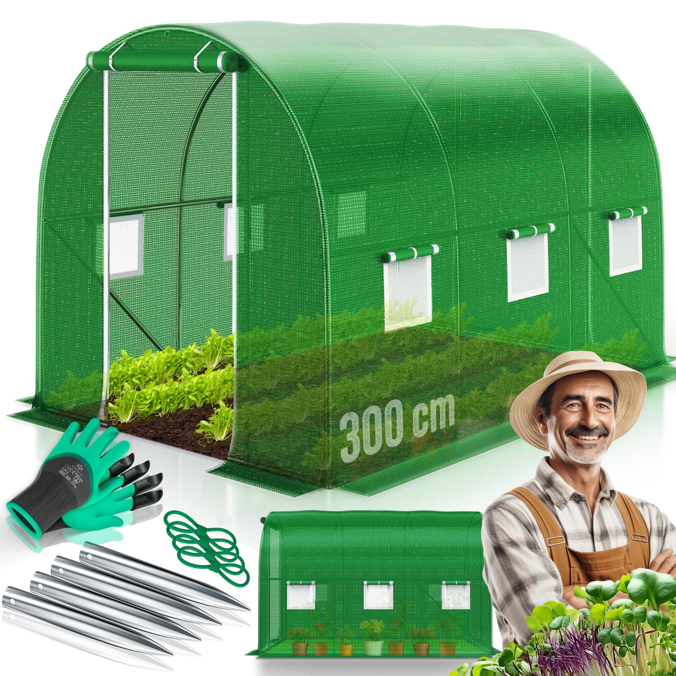 KESSER® Folien-Gewächshaus Stabil mit 6 Fenster mit Moskitonetz & Tür 🌿 Garten-Tunnel 300x200 cm 🌱