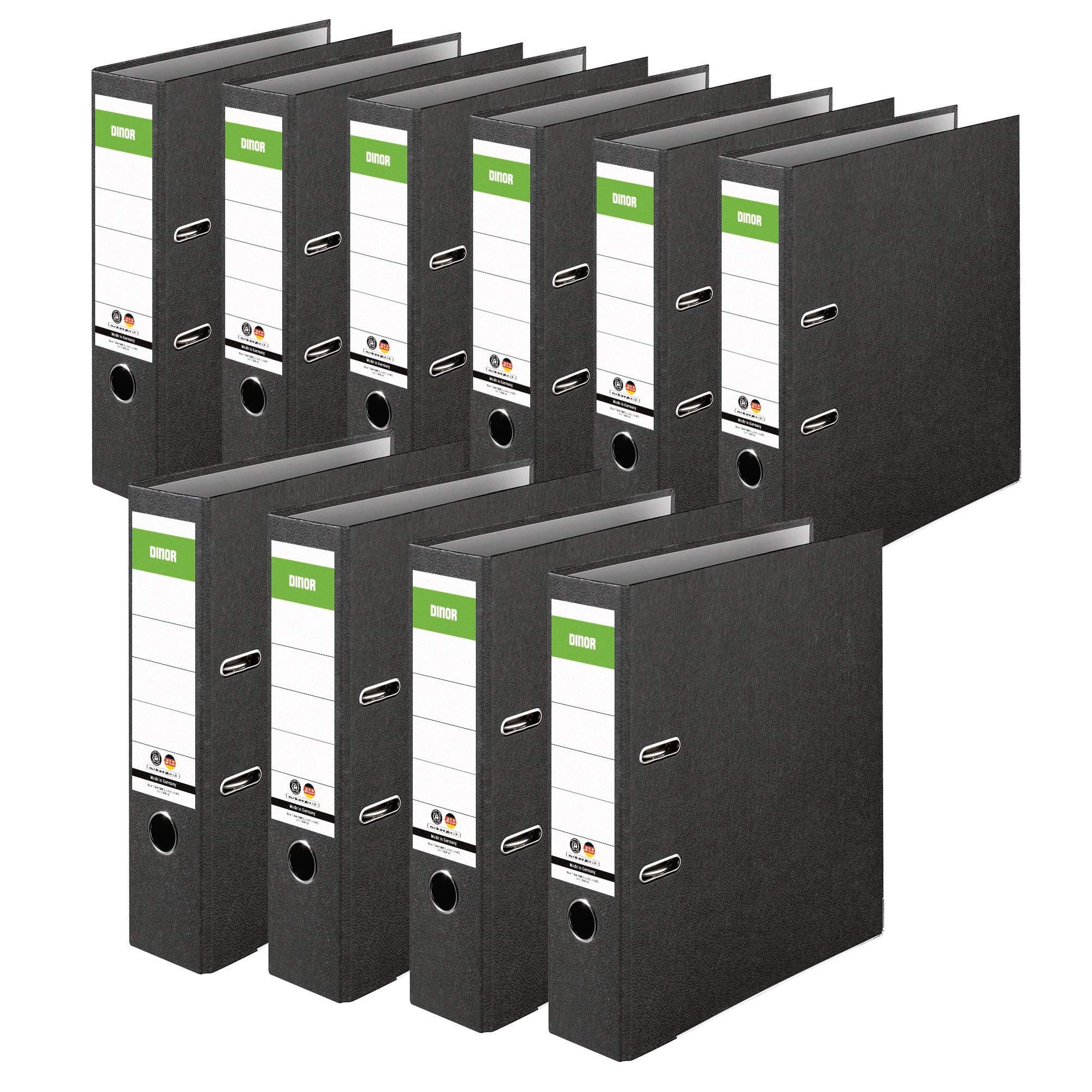 🌈 Original DINOR Ordner-Wolkenmarmor-Recycling - Made in Germany. 10er Pack 8 cm breit DIN A4 schwarz Aktenordner Briefordner Büroordner Pappordner Schlitzordner Grüner Balken Blauer Engel Ordner Wolkenmarmor 10er Pack Breit