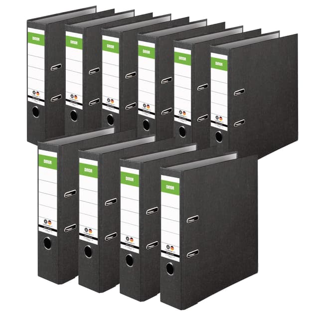 🌈 Original DINOR Ordner-Wolkenmarmor-Recycling - Made in Germany. 10er Pack 8 cm breit DIN A4 schwarz Aktenordner Briefordner Büroordner Pappordner Schlitzordner Grüner Balken Blauer Engel Ordner Wolkenmarmor 10er Pack Breit