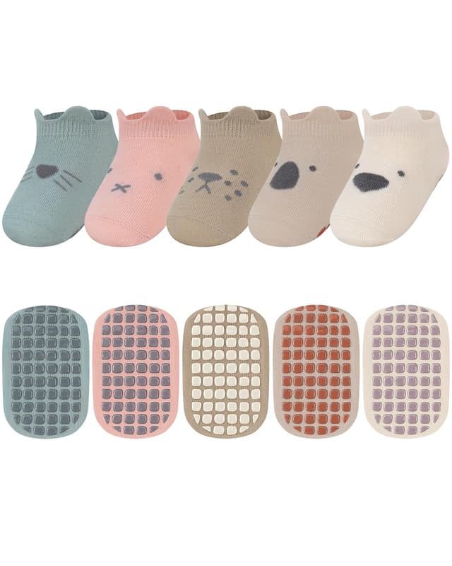 Kyopp 5 Paar Socken Baby Kleinkinder ABS rutschfeste Socken 🧦🦒🦁🐧 Tiermotive Animals Baumwolle Crew Socks 1-3 Jahre Kurze Socken - Klassisch
