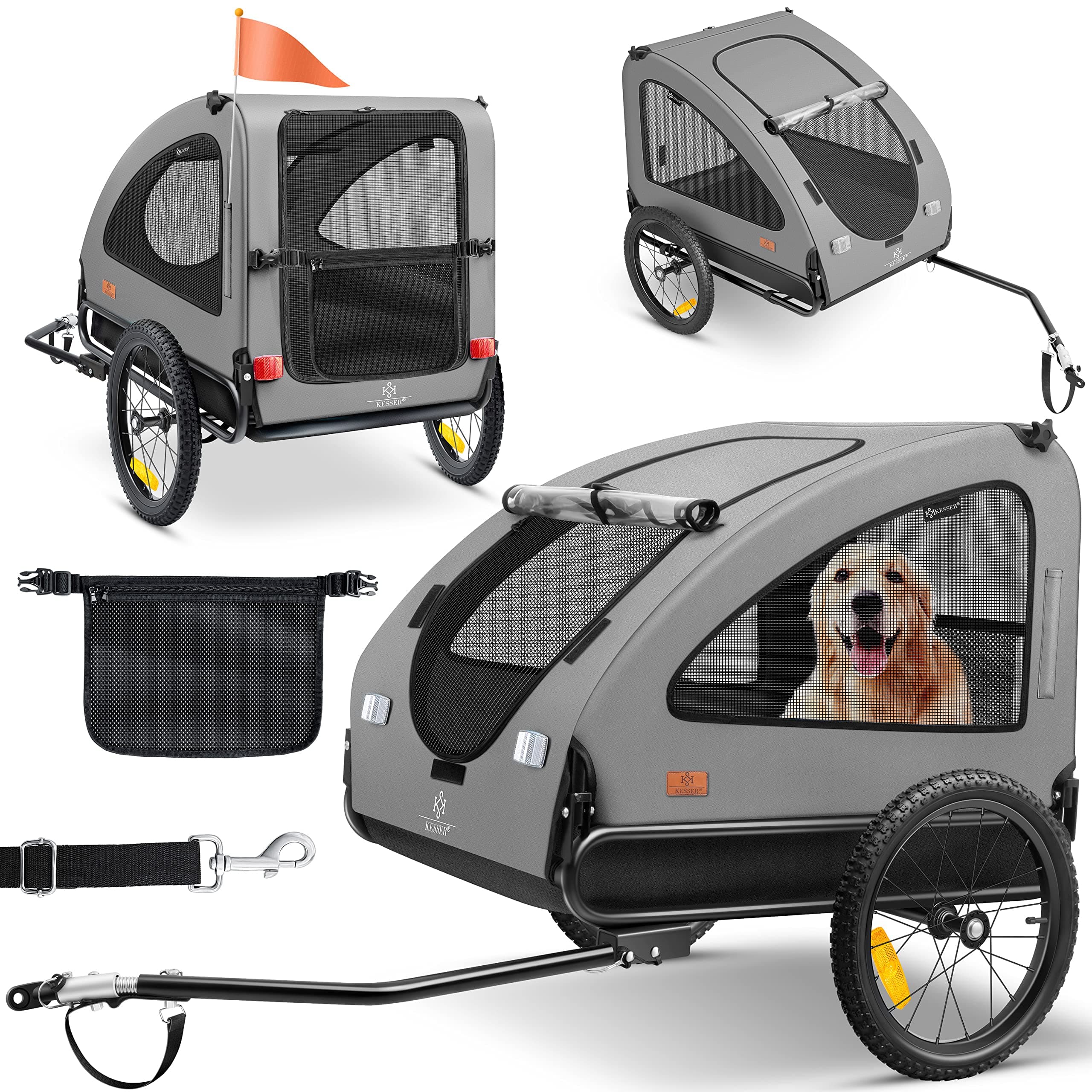 🐶 KESSER® Hundeanhänger Boxer 2-in-1 Hundebuggy Fahrradanhänger groß ca. 250L Volumen - Inkl. Fahne und Tasche - 600D Oxford Canvas, Klappbar SmartSpace Concept, max. 45kg Grau / Schwarz 🚲
