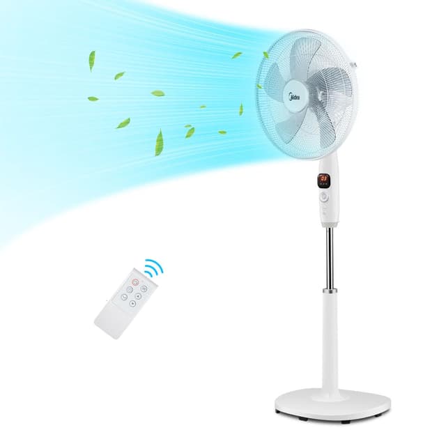 🌀 Midea FS40-16CR Standventilator Mit Fernbedienung | Sehr leise (22 dB), DC-Motor | 12 Geschwindigkeiten, 12h Timer | 4 Modi, LED-Anzeige, höhenverstellbar, energiesparend | Weiß 5 Flügelblätter, LED-Anzeige 🌀
