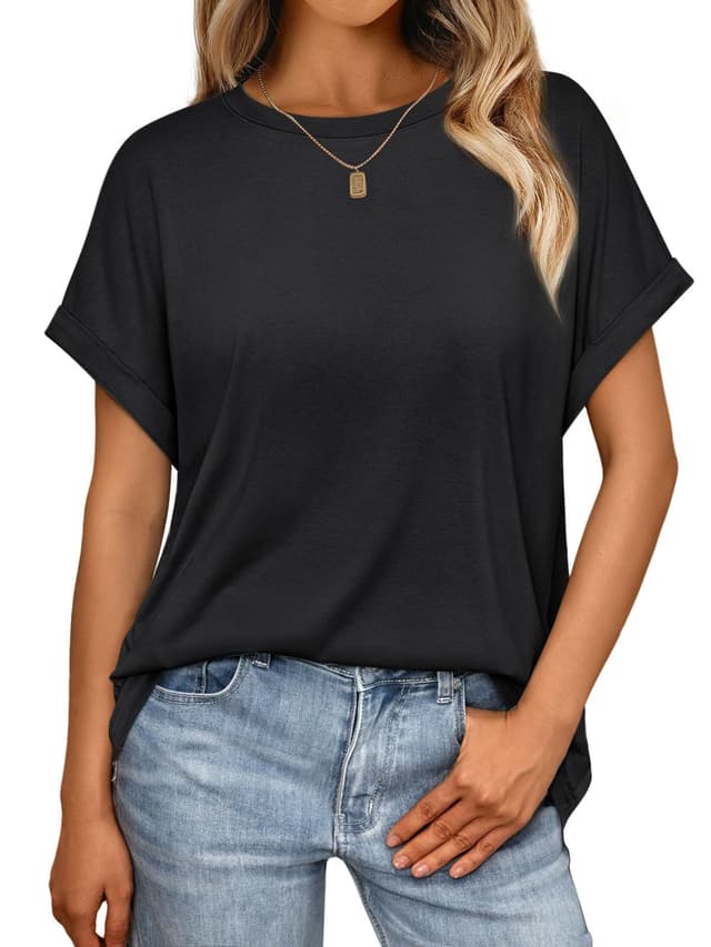 👚 Cuptacc Tshirt Damen Rundhalsausschnitt Kurzarm Oversize T Shirt Sommer Casual Flügelärmel Top Damen Schwarz XL