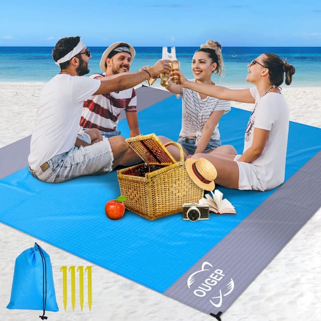 OUGEP Stranddecke Sandfrei, Picknickdecke Wasserdicht Überdimensioniert 230 x 200 cm Strandtuch Strandmatte 4 Befestigung Ecken Blau/Grau