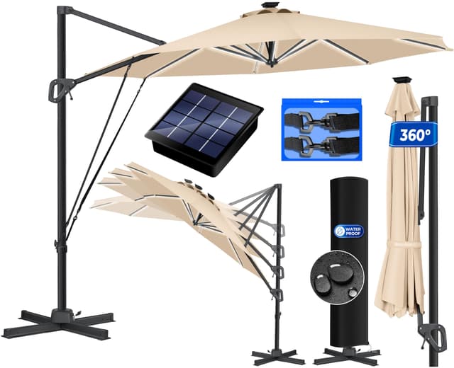🌞 KESSER® Sonnenschirm Ampelschirm Sun Rund XL LED Solar Ø330 cm Inkl. Abdeckung + Windsicherung 7-Fach Verstellbar Neigbar Kippbar Groß 360° Drehbar Gartenschirm mit Kurbel Sonnenschutz UV50+ Beige Mit LED Beige 🌞