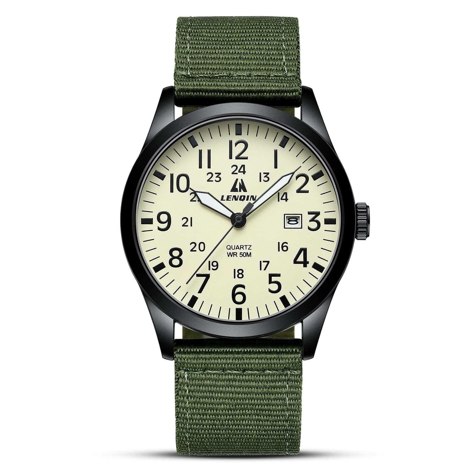 LN LENQIN Herren Militär Uhr 30M wasserdicht Analog Quarz mit Datum Nylon Band - Grün Schwarz Gelb ⌚🎁