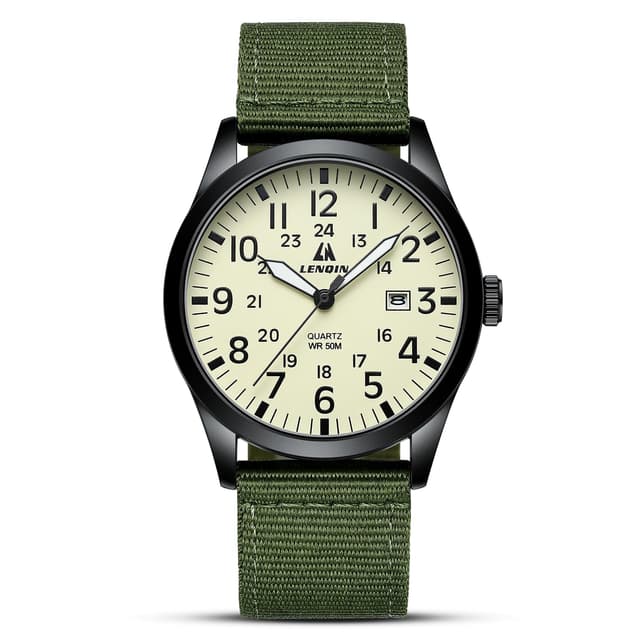 LN LENQIN Herren Militär Uhr 30M wasserdicht Analog Quarz mit Datum Nylon Band - Grün Schwarz Gelb ⌚🎁