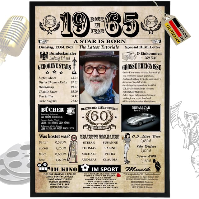 1965-6 Felder PERSONALISIERBAR! zum 60. Geburtstag Mann & 60. Geburtstag Frau - Ausdruck auf 400g/m² Premium Papier - Geschenke 60 Geburtstag Mann & Deko 60 Geburtstag - Back in Year 60. Geburtstag /1965