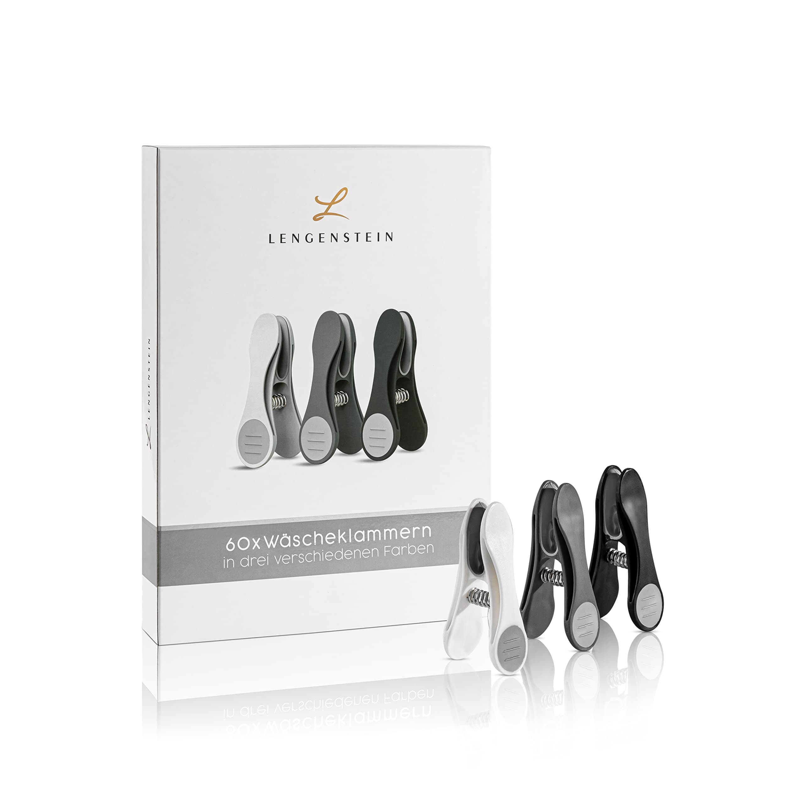 Lengenstein® 60 Premium Wäscheklammern in 3 Farben mit Soft Grip und Starke Feder