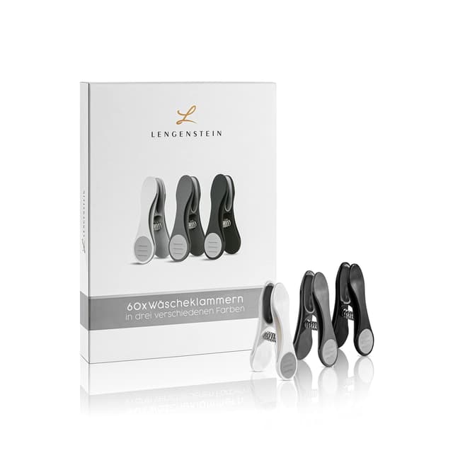 Lengenstein® 60 Premium Wäscheklammern in 3 Farben mit Soft Grip und Starke Feder