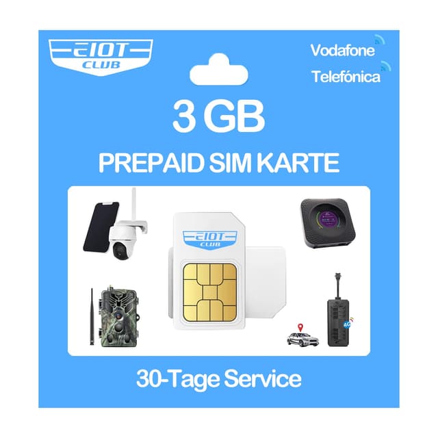 📶 EIOTCLUB Prepaid SIM Karte ohne Vertrag | 3GB für 30 Tage | LTE Überwachungskamera & GPS-Tracker
