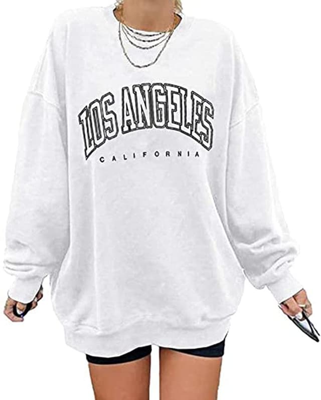 GeGekoko Damen übergroße Sweatshirt Los Angeles Vintage Oversized Langarmshirt Rundhals Pullover Casual Oberteile Tops XXL La# Weiß 🌟