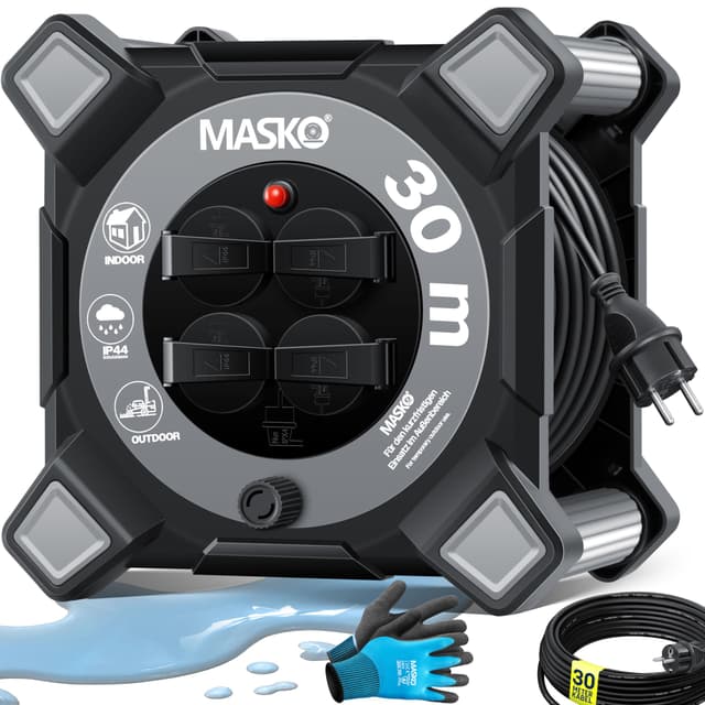 MASKO® Kabeltrommel 30m mit Schutzkontaktsteckdosen & Wickelgriff | Outdoor Kabelaufroller