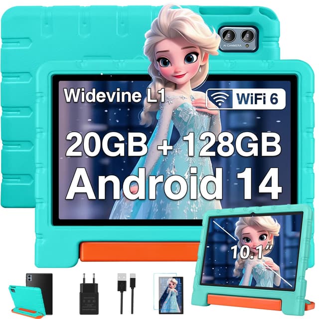 ZIOVO Kinder Tablet 10 Zoll Android 14 mit 20 GB RAM+128GB ROM(TF 1TB), WiFi 6, Octa-Core, Widevine L1, Kindersicherung, 6000mAh, BT 5.0, GMS Certified Kids Tablet mit Eva Case - Grün Grün Pro 📱💚