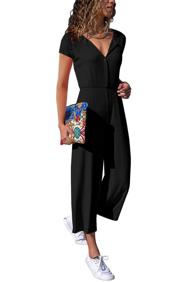 Cassiecy Jumpsuit Damen Elegant Kurzarm Playsuit V-Ausschnitt Casual Lose Overalls Lang Romper M Z-schwarz 😍👗