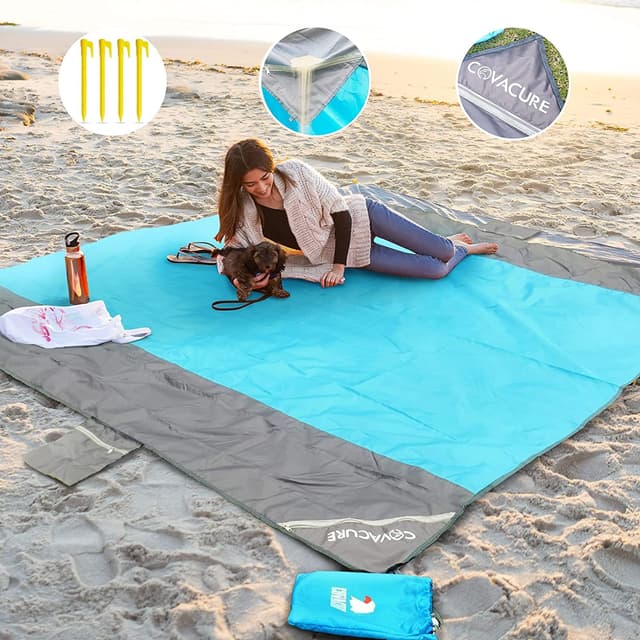 COVACURE Picknickdecke Stranddecke Strandmatte Campingdecke 210 x 200 cm Wasserdicht Sanddicht Ultraleicht Kompakt Blau