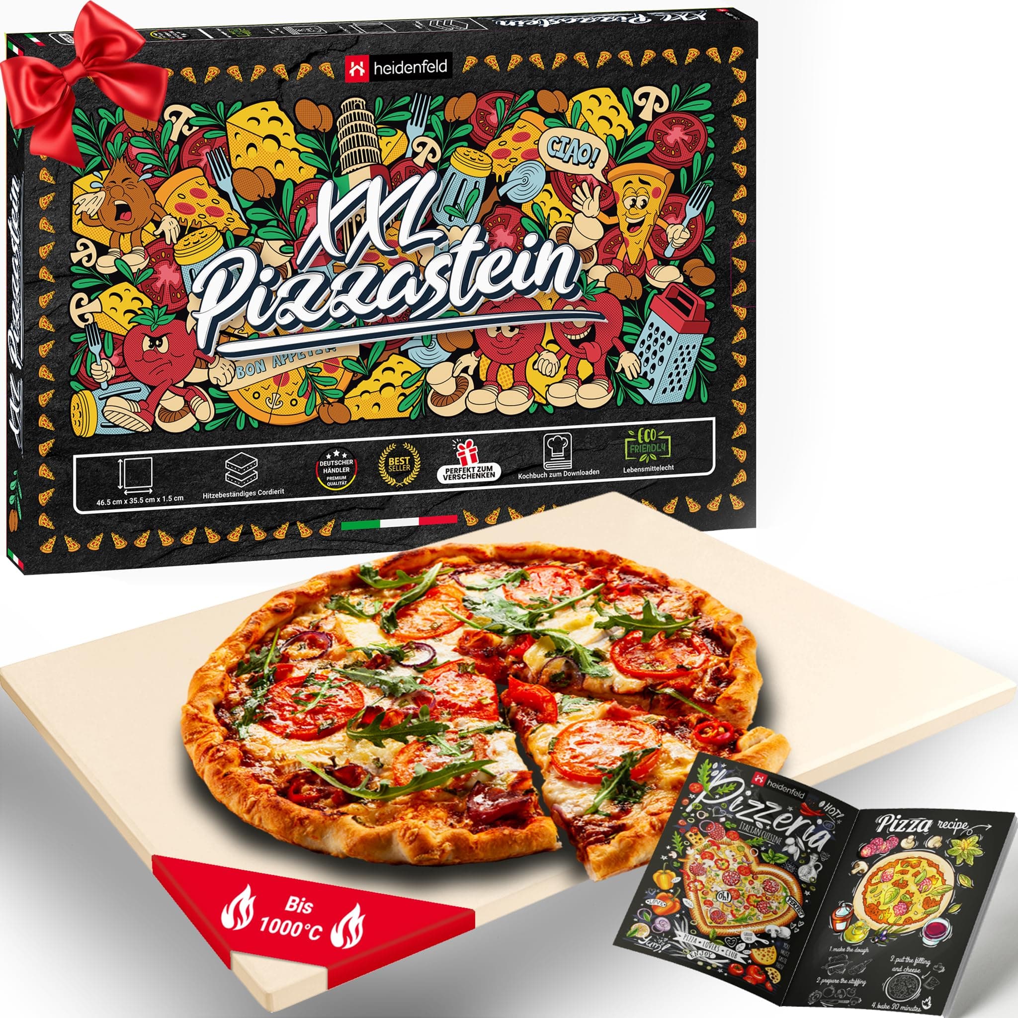 Heidenfeld XXL Pizzastein 46.5 x 35.5 x 1.5 cm | Pizza Stein für Backofen & Grill 🍕🔥