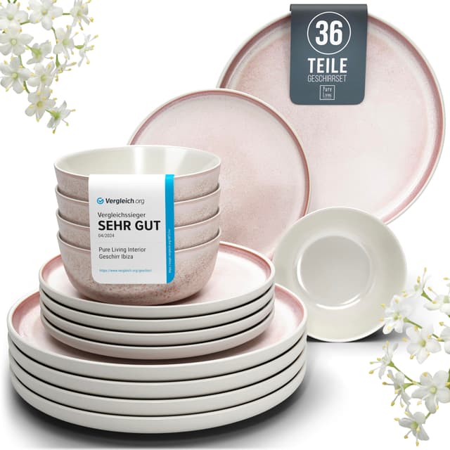 Steingut Geschirrset 12 Pers. Ibiza 36-tlg - Mediterranes Tafelservice - Pure Living Beige und Rose Rose