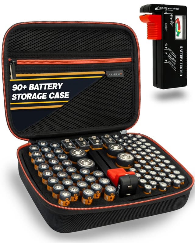 🔋💼 AKIELO+ Batterie Aufbewahrungsbox Mit Universalem Tester (Edition Core – Über 90+) – Batteriebox Aufbewahrung