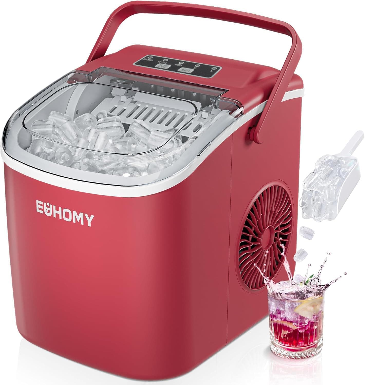 EUHOMY Eiswürfelmaschine | Eiswürfel in 6 Minuten | Selbstreinigung | Tragbarer Griff | 12 KG/Tag | Rot 1.2L