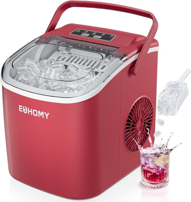 EUHOMY Eiswürfelmaschine | Eiswürfel in 6 Minuten | Selbstreinigung | Tragbarer Griff | 12 KG/Tag | Rot 1.2L