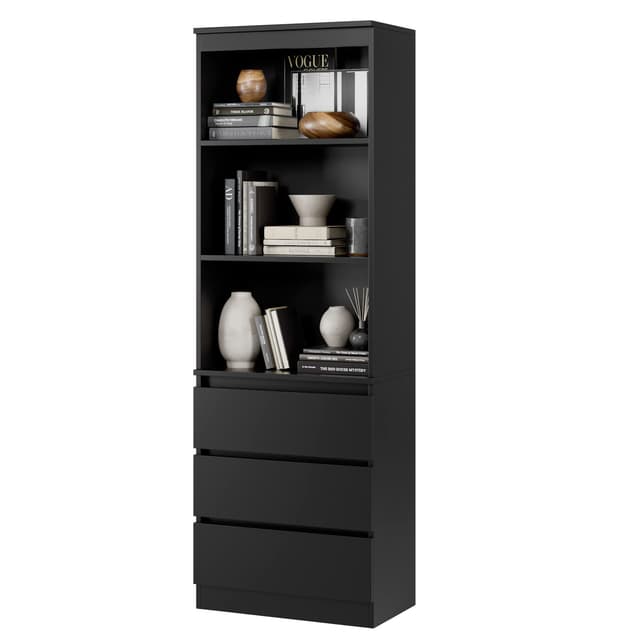 📚🖤 FirFurd Bücherregal mit 3 Schubladen 3 Fächern, 180 cm Hochschrank, Küchenschrank aus Holz