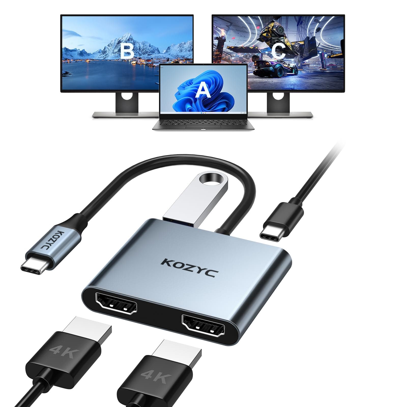 USB C zu Dual HDMI Adapter | KOZYC USB C Hub Multiport Adapter mit 2 HDMI 4K