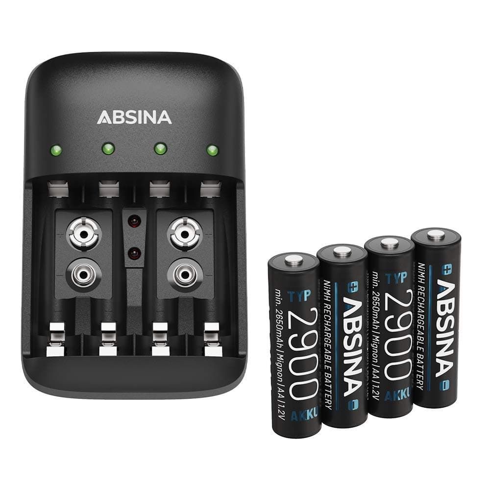 🔋💡 ABSINA Akku Ladegerät + 4x AA 2900 Akkus - NiMH Batterieladegerät für aufladbare Batterien
