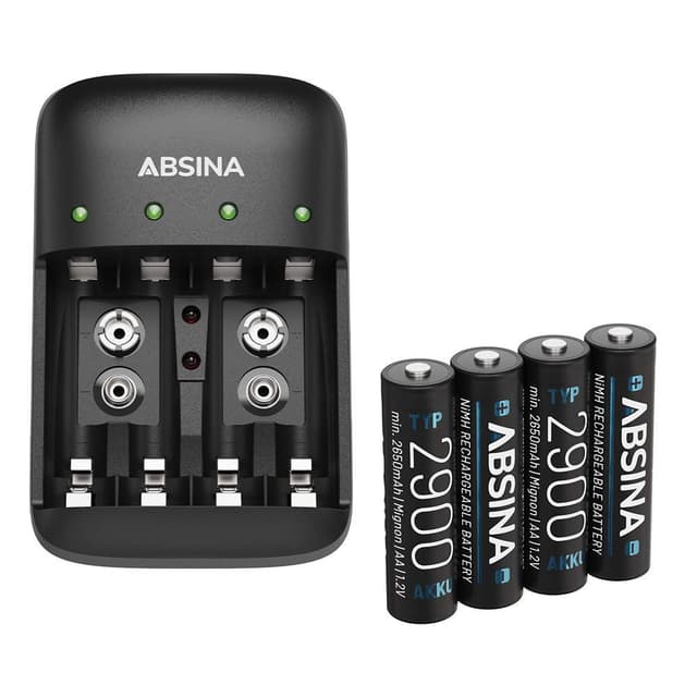 🔋💡 ABSINA Akku Ladegerät + 4x AA 2900 Akkus - NiMH Batterieladegerät für aufladbare Batterien