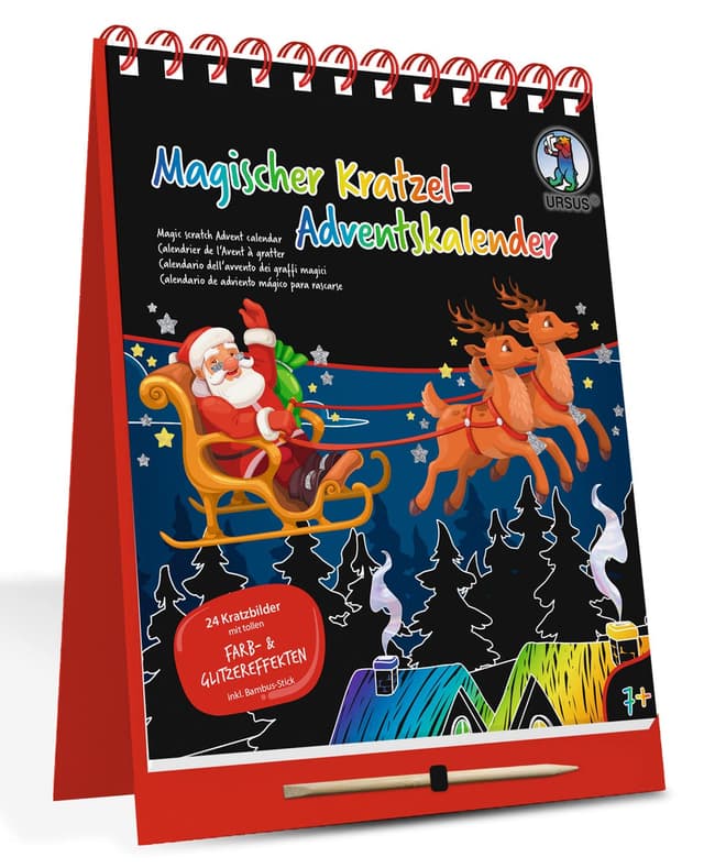 🎨🎄 Ursus 24890000F - Magischer Kratzel-Adventskalender 24 Kratz-Motiven und Adventszahlen zum Ausmalen