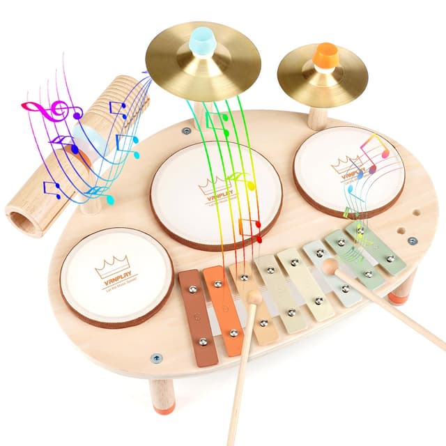 🥁 Vanplay Kinderspielzeug ab 3 Jahre Schlagzeug Kinder Trommel 9 In 1 Holzspielzeug Musikinstrumente Montessori Spielzeug Geschenk 3 4 5 6 Jahre Junge Mädchen 9 In 1 Schlagzeug Kinder