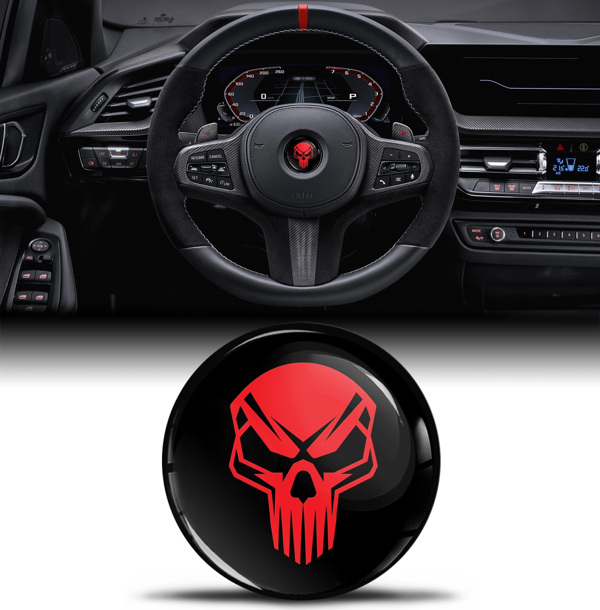 Biomar Labs 3D Silikon Aufkleber Kompatibel mit BMW 36131181082 Emblem Lenkrad 45mm Plakette Zubehör Teile Decals Lenkrad Dekoration Schädel Totenkopf Schwarz Rot V 18