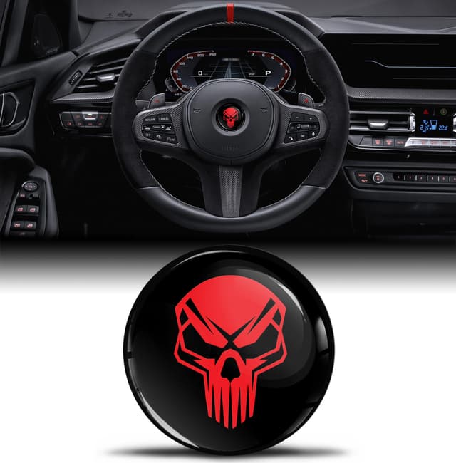 Biomar Labs 3D Silikon Aufkleber Kompatibel mit BMW 36131181082 Emblem Lenkrad 45mm Plakette Zubehör Teile Decals Lenkrad Dekoration Schädel Totenkopf Schwarz Rot V 18