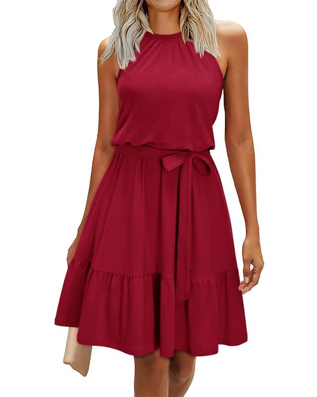 🌸 Sommerkleider Damen Knielang - Elegant Kleid Blumenmuster Neckholder Rüschen Freizeitkleider mit Taschen