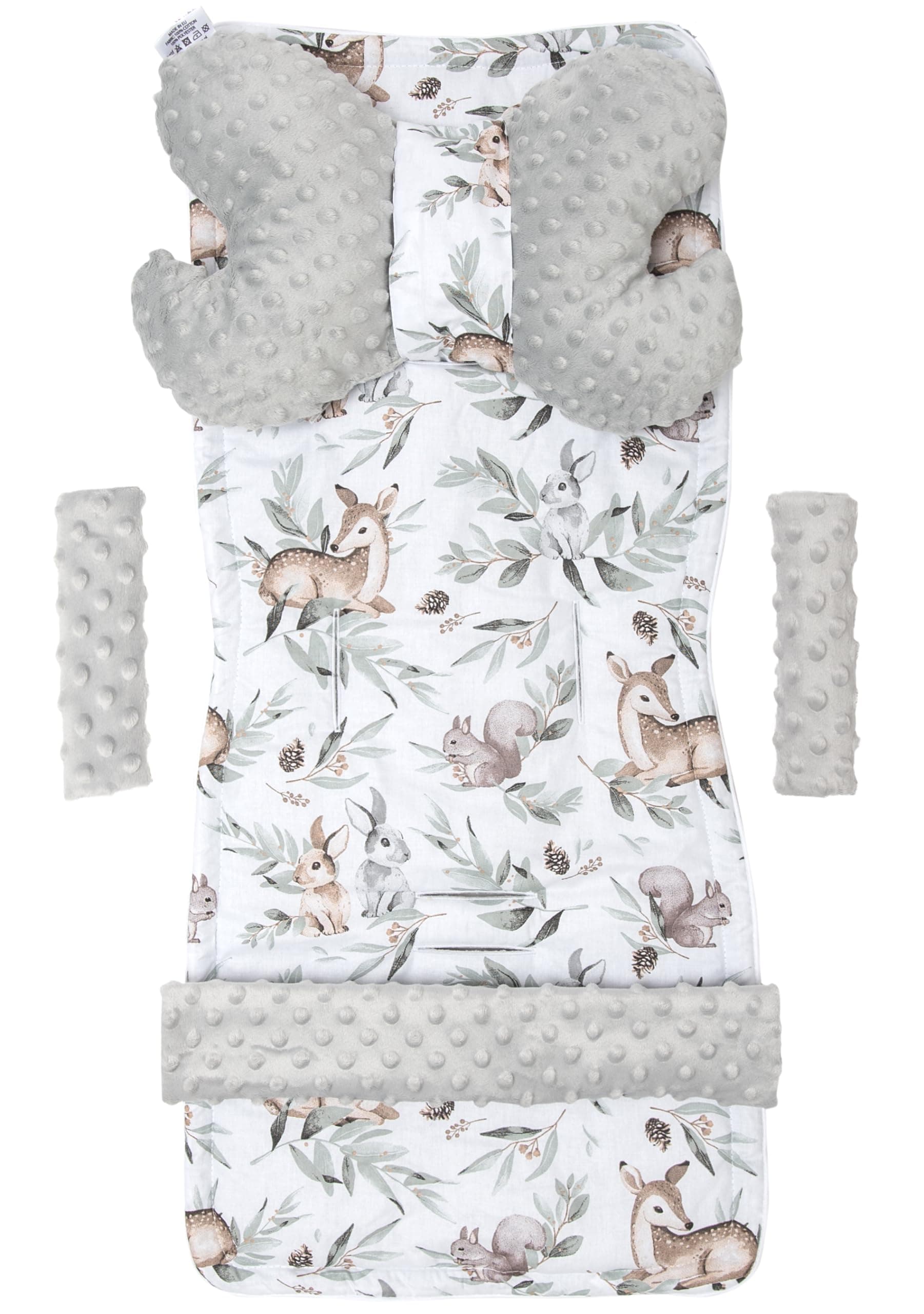 🦌🍃 Medi Partners Sitzauflage Kinderwagen Buggy Baby Sommer Kindersitz Einlage Universal - 5tgl Gurtpolster + Spielbogen Kinderwagenset Babyschale (Hirsch in Blättern mit Grau Minky)