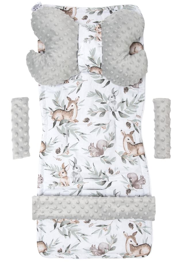 🦌🍃 Medi Partners Sitzauflage Kinderwagen Buggy Baby Sommer Kindersitz Einlage Universal - 5tgl Gurtpolster + Spielbogen Kinderwagenset Babyschale (Hirsch in Blättern mit Grau Minky)