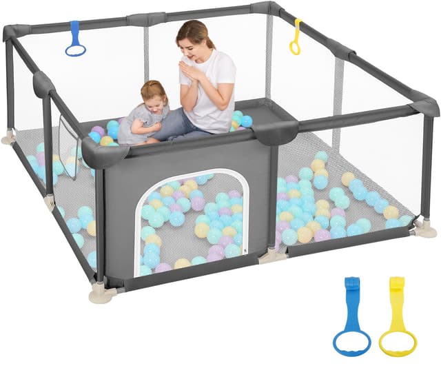 Dripex Laufstall Baby 124x124cm - 🌟 Atmungsaktives Netz 🌟 Spielbereich für Kinder 🌟 Dunkelgrau 124×124cm