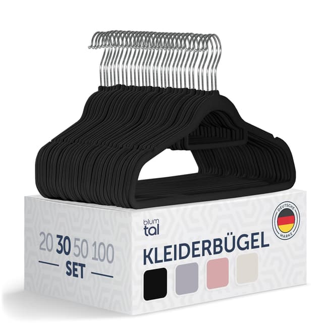 👗🔄 Blumtal Kleiderbügel 30 Stück - Samtbügel Schwarz - Platzsparend und Rutschfest