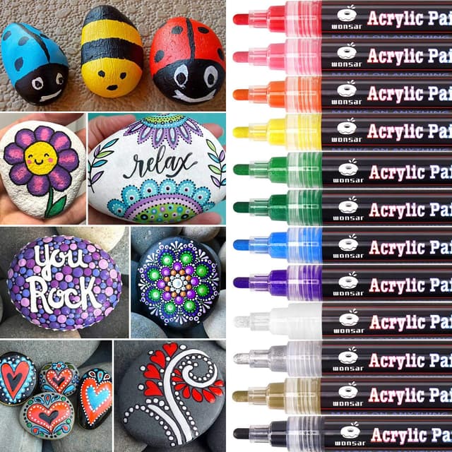 Wonsar Acrylstifte Marker Stifte, 12 Farben Wasserfest Acrylstifte für Steine Bemalen