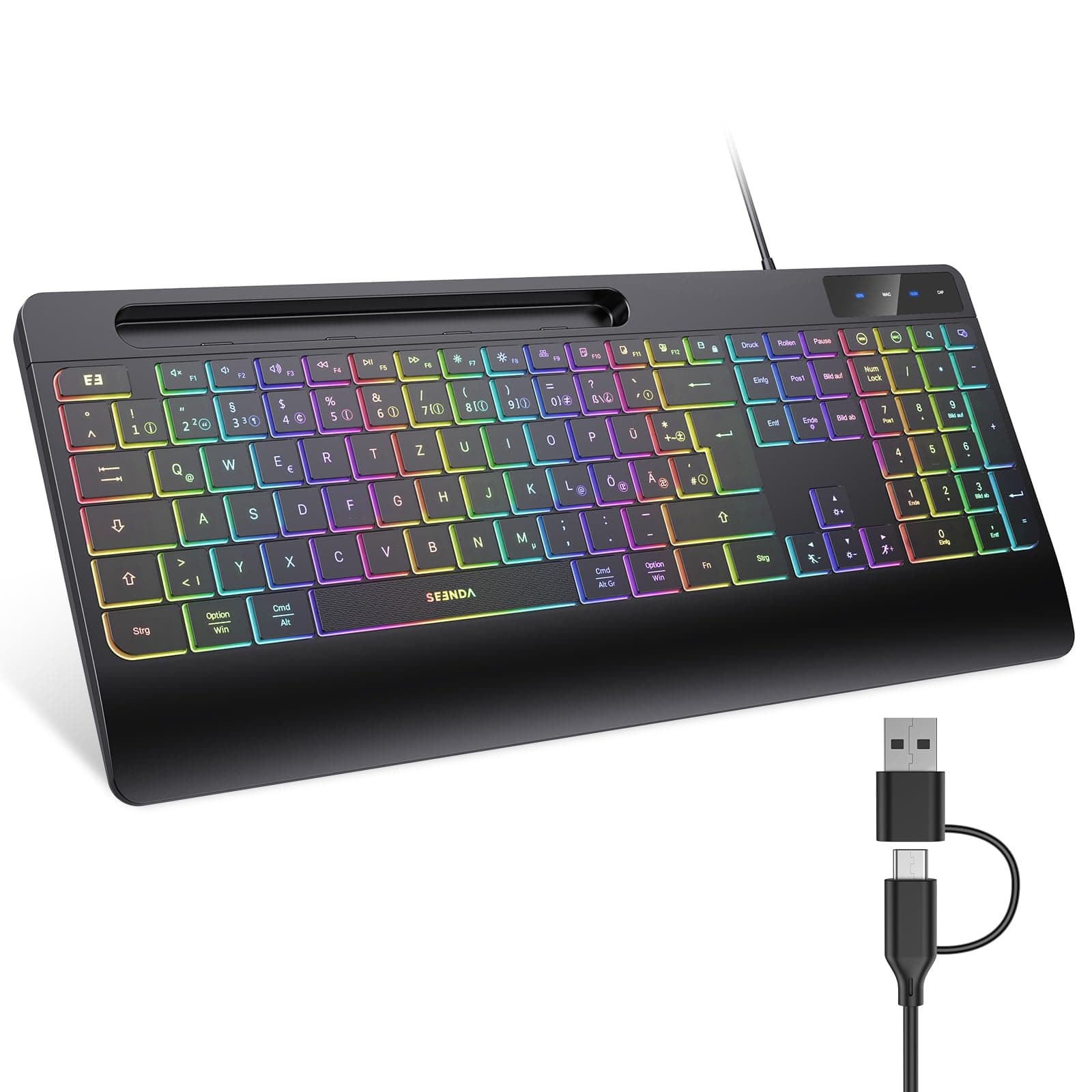 🌈🌟 Seenda Beleuchtete Kabelgebundene Tastatur mit Handyhalter und Handballenauflage